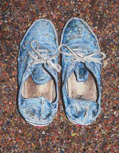 "Studio Shoes", 2019, color pencil on archival paper, 13” x 9”
