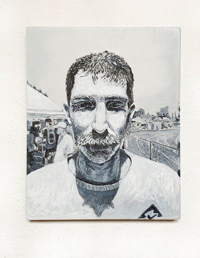 “Portrait of an UltraRunner, Matt (grayscale)”, 2020, oil on panel, 10″ x 8″